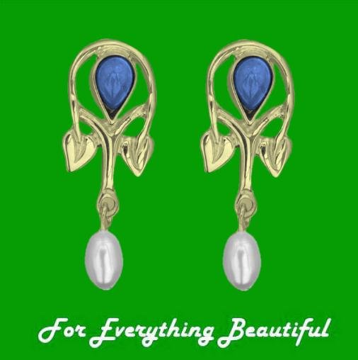 Image 0 of Art Nouveau Pear Pearl Labradorite 9K Yellow Gold Drop Earrings