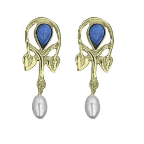 Image 1 of Art Nouveau Pear Pearl Labradorite 9K Yellow Gold Drop Earrings