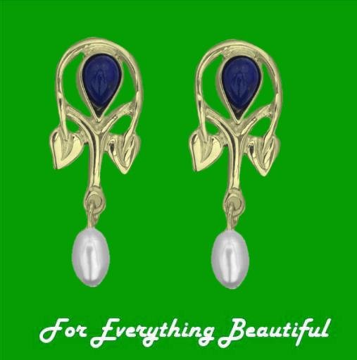 Image 0 of Art Nouveau Pear Pearl Lapis Lazuli 9K Yellow Gold Drop Earrings