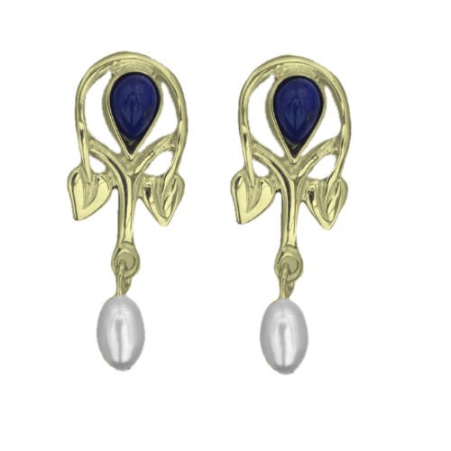 Image 1 of Art Nouveau Pear Pearl Lapis Lazuli 9K Yellow Gold Drop Earrings