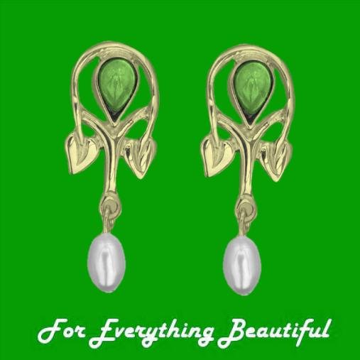 Image 0 of Art Nouveau Pear Pearl Green Peridot 9K Yellow Gold Drop Earrings