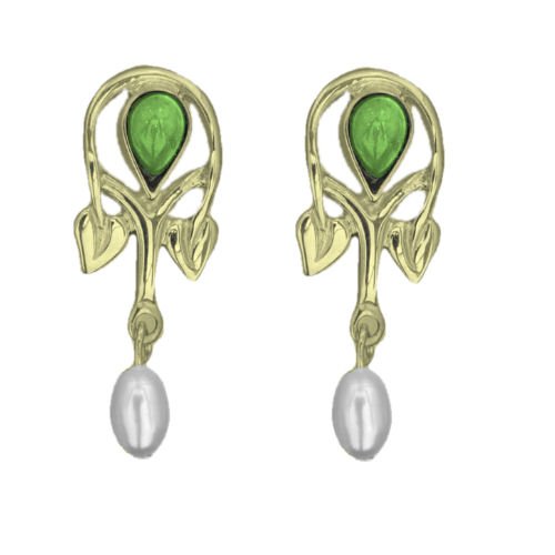 Image 1 of Art Nouveau Pear Pearl Green Peridot 9K Yellow Gold Drop Earrings