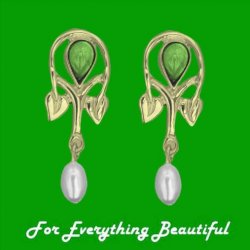 Art Nouveau Pear Pearl Green Peridot 9K Yellow Gold Drop Earrings