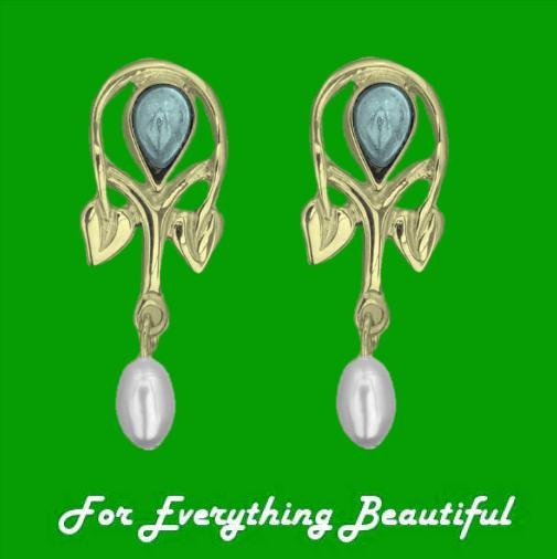 Image 0 of Art Nouveau Pear Pearl Blue Moonstone 9K Yellow Gold Drop Earrings