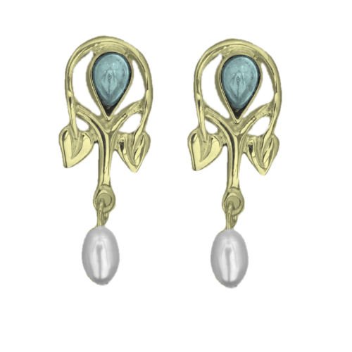 Image 1 of Art Nouveau Pear Pearl Blue Moonstone 9K Yellow Gold Drop Earrings