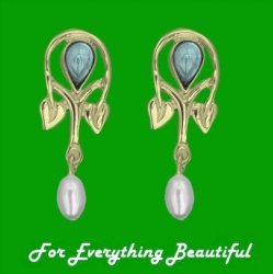 Art Nouveau Pear Pearl Blue Moonstone 9K Yellow Gold Drop Earrings