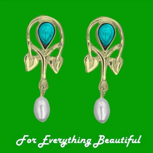 Image 0 of Art Nouveau Pear Pearl Turquoise 9K Yellow Gold Drop Earrings