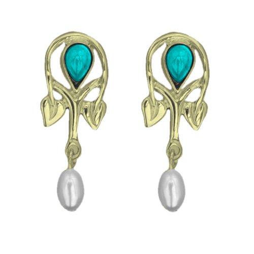 Image 1 of Art Nouveau Pear Pearl Turquoise 9K Yellow Gold Drop Earrings