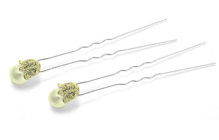Image 3 of Golden Ivory Pearl Floral Crystal Wedding Hair Sticks Decoration