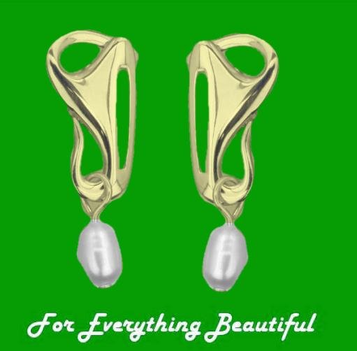 Image 0 of Art Nouveau Trumpet with Pearl 9K Yellow Gold Drop Earrings