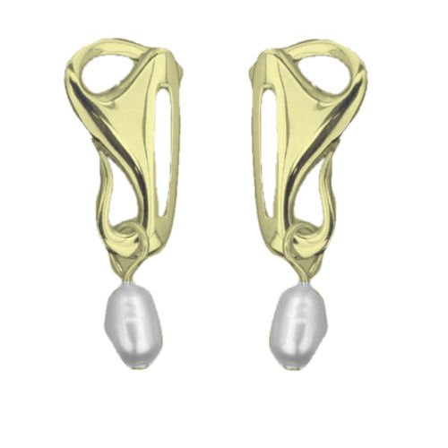 Image 1 of Art Nouveau Trumpet with Pearl 9K Yellow Gold Drop Earrings