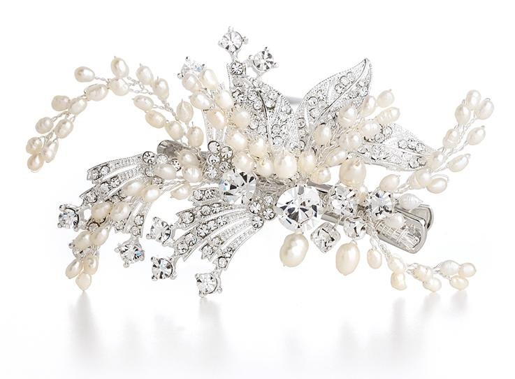 Image 1 of Art Deco Pearl Rhinestone Crystal Spray Bridal Wedding Bridal Hairclip