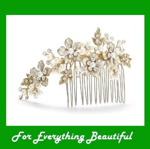 Image 0 of Golden Floral Ivory Pearl Spray Crystal Wedding Bridal Headpiece Comb
