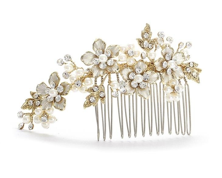 Image 1 of Golden Floral Ivory Pearl Spray Crystal Wedding Bridal Headpiece Comb