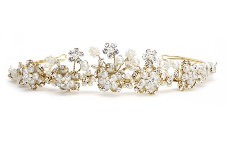 Image 1 of Ivory Pearl Cluster Golden Crystal Floral Tiara Wedding Bridal Headpiece