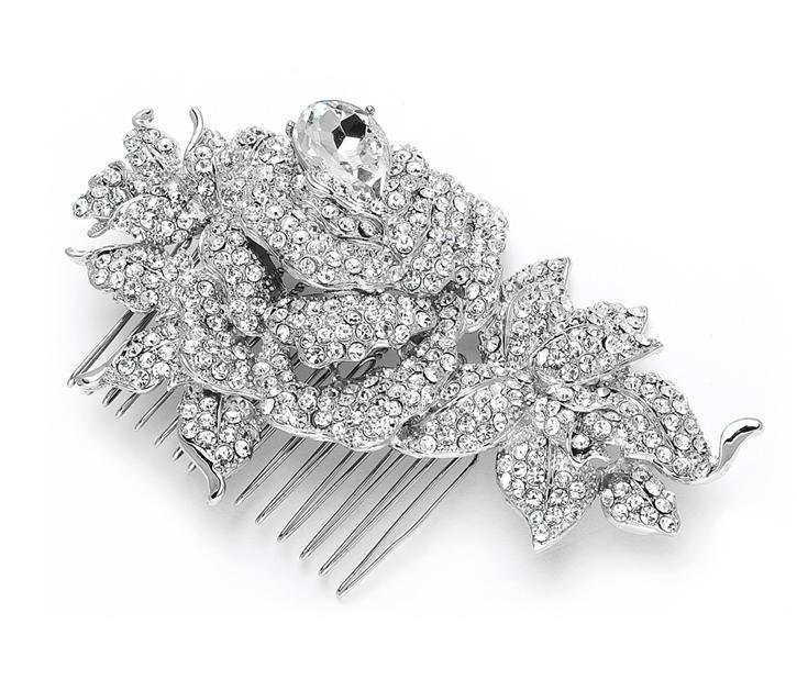 Image 1 of Bejeweled Rose Pear Crystal Rhinestone Wedding Bridal Headpiece Comb