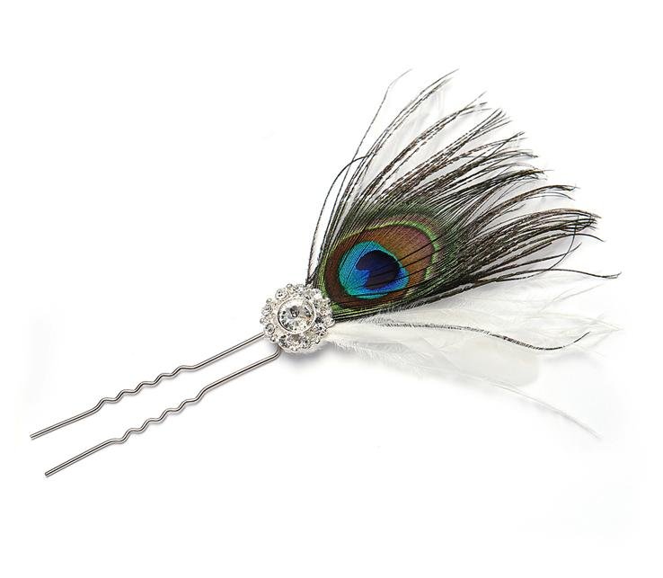 Image 1 of Peacock Ostrich Feather Crystal Wedding Hair Stick Decoration