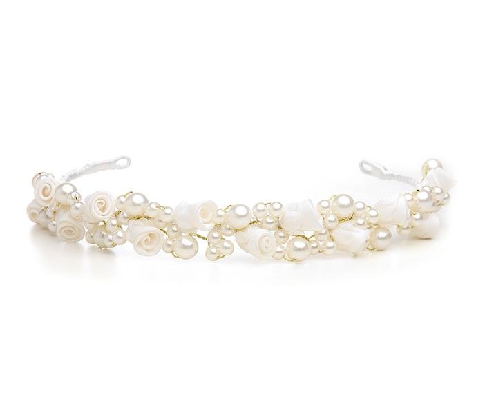 Image 1 of Ivory Golden Floral Rosette Pearl White Ribbon Wedding Child Headband