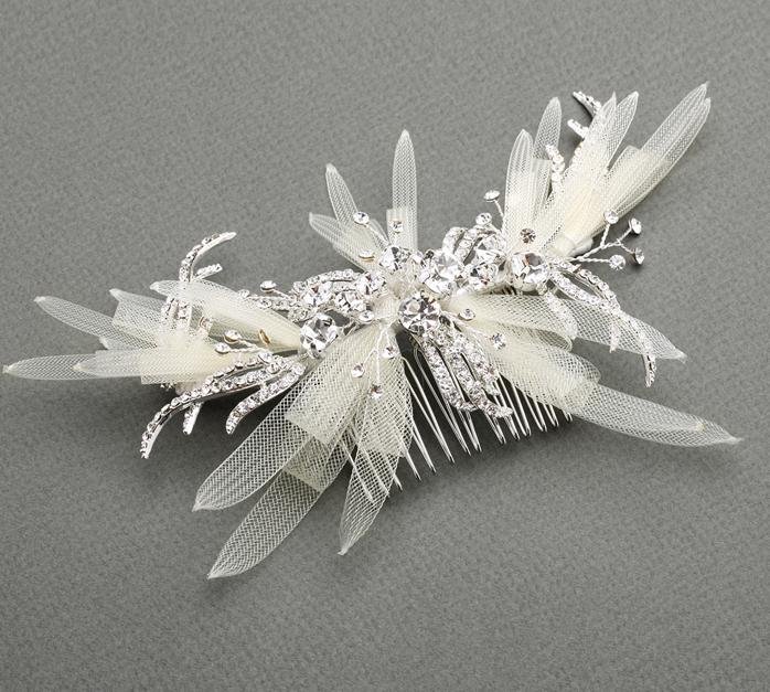Image 1 of Bejeweled Pave Crystal Branches Ribbon Wedding Bridal Headpiece Comb