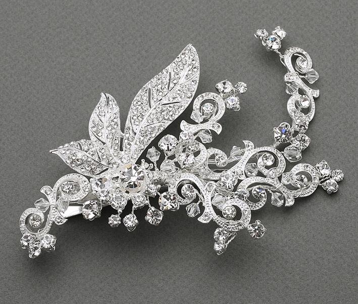 Image 1 of Art Nouveau Crystal Leaves Spray Bridal Wedding Bridal Hairclip