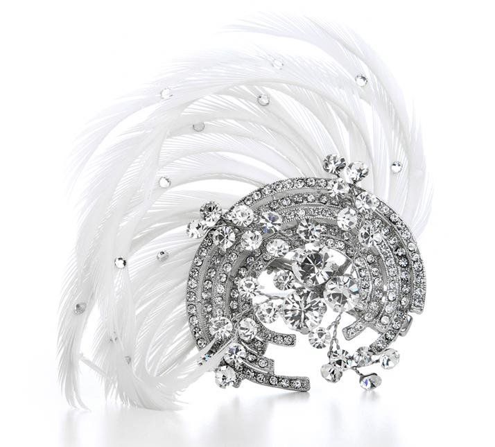Image 1 of White Feather Swirl Crystal Antiqued Wedding Bridal Hairclip