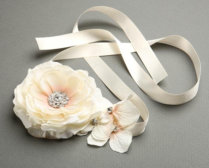 Image 1 of Ivory Peach Silk Floral Cluster Satin Ribbon Wedding Headband 
