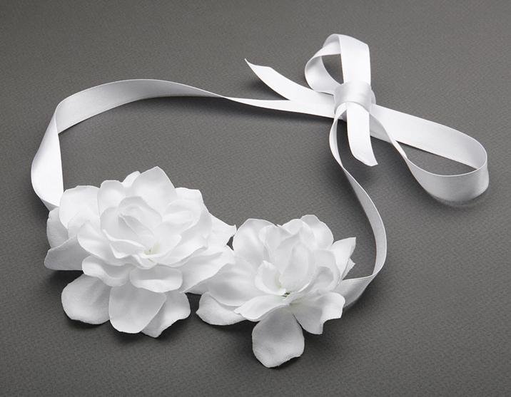 Image 1 of White Silk Floral Cluster Satin Ribbon Wedding Headband 