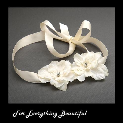 Image 0 of Ivory Silk Delphinium Flower Cluster Satin Ribbon Wedding Headband 