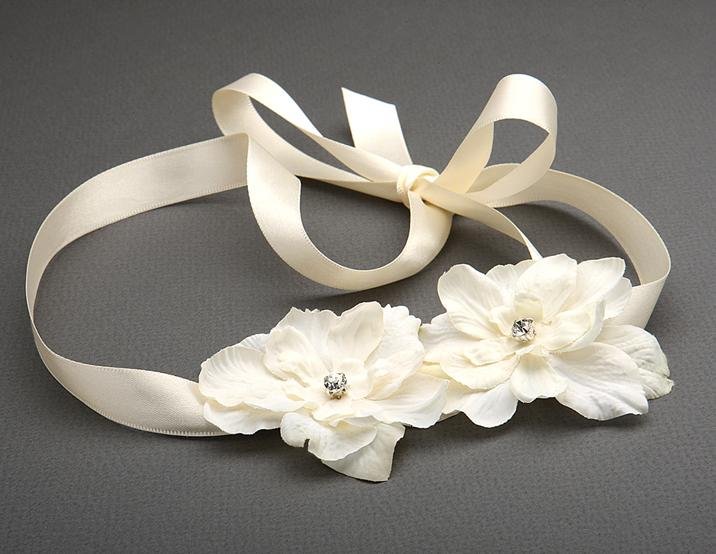 Image 1 of Ivory Silk Delphinium Flower Cluster Satin Ribbon Wedding Headband 