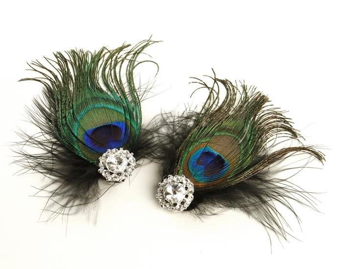 Image 1 of Peacock Fan Crystal Black Feather Wedding Bridal Shoe Clips