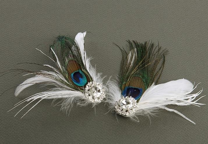 Image 1 of Peacock Fan Crystal White Feather Wedding Bridal Shoe Clips