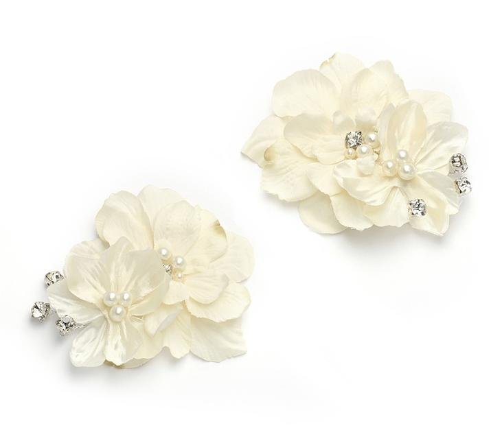 Image 1 of Ivory Silk Flower Cluster Pearl Crystal Spray Wedding Bridal Shoe Clips