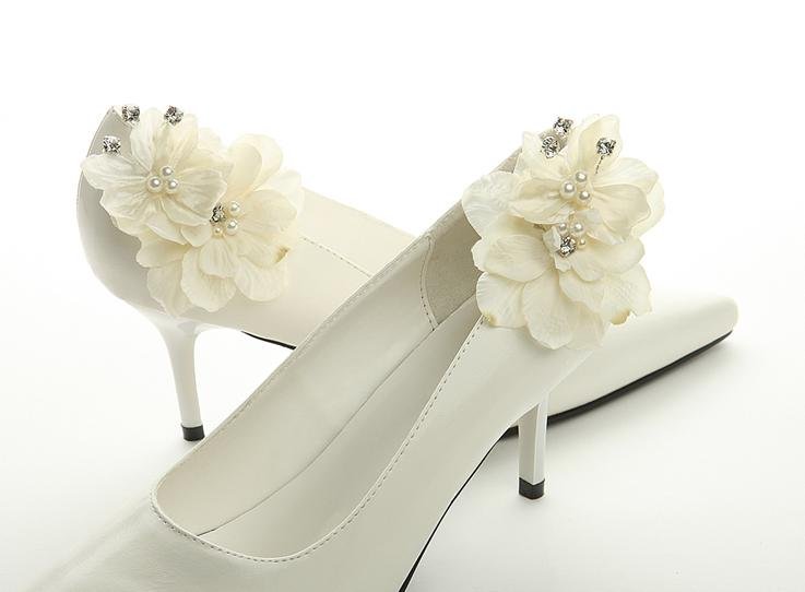 Image 3 of Ivory Silk Flower Cluster Pearl Crystal Spray Wedding Bridal Shoe Clips
