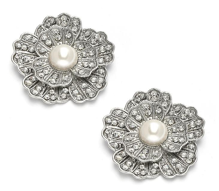Image 1 of Bejeweled Crystal Pave Flower Pearl Wedding Bridal Shoe Clips
