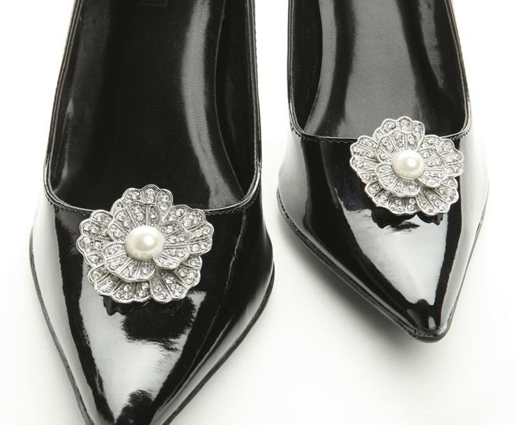 Image 3 of Bejeweled Crystal Pave Flower Pearl Wedding Bridal Shoe Clips