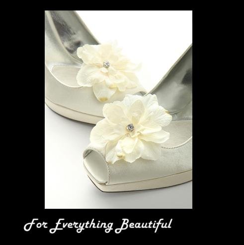 Image 0 of Ivory Silk Delphinium Flower Crystal Accent Wedding Bridal Shoe Clips