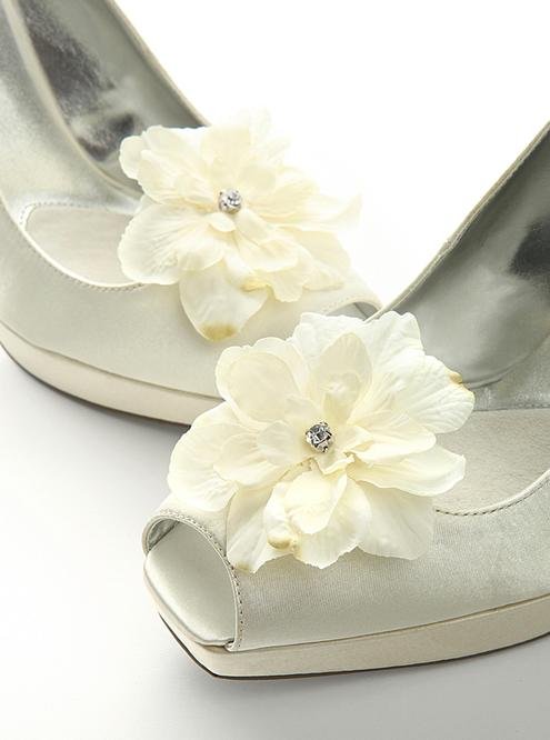 Image 1 of Ivory Silk Delphinium Flower Crystal Accent Wedding Bridal Shoe Clips