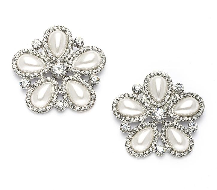 Image 1 of Bejeweled Crystal Flower Five Pearl Wedding Bridal Shoe Clips