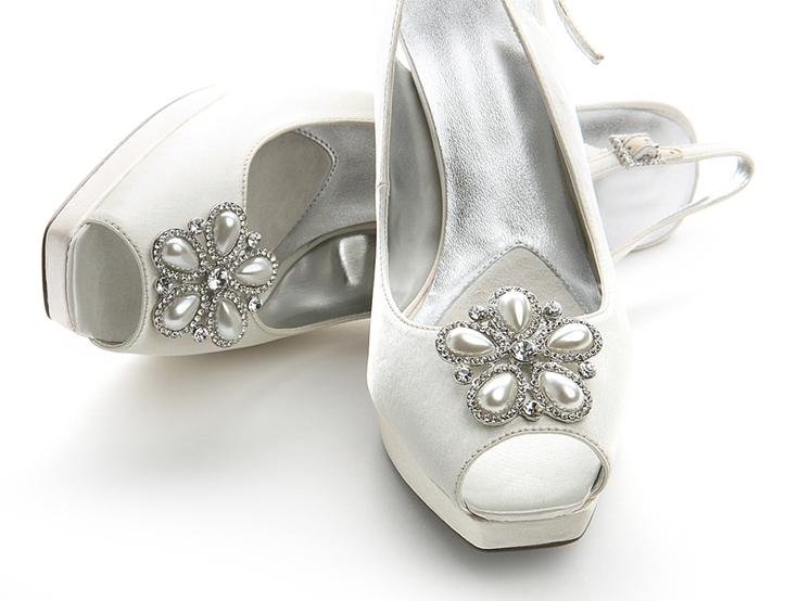 Image 3 of Bejeweled Crystal Flower Five Pearl Wedding Bridal Shoe Clips
