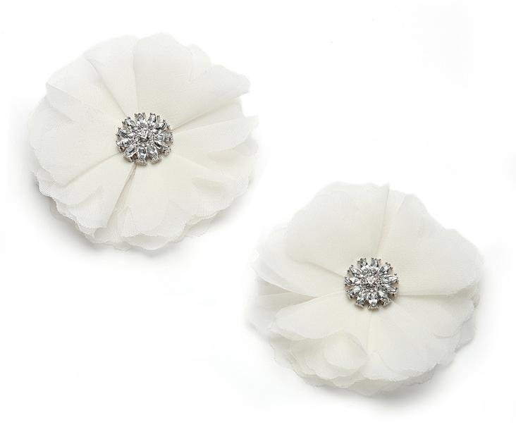 Image 1 of Ivory Tulle Flower Crystal Accent Wedding Bridal Shoe Clips