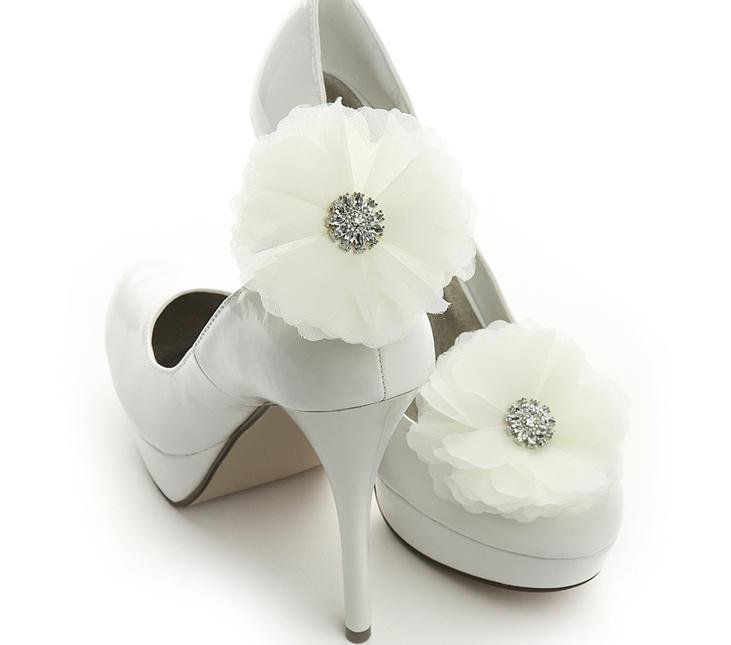 Image 3 of Ivory Tulle Flower Crystal Accent Wedding Bridal Shoe Clips
