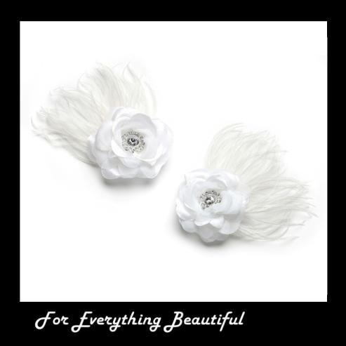 Image 0 of White Sheer Satin Rose Feather Crystal Accent Wedding Shoe Clips