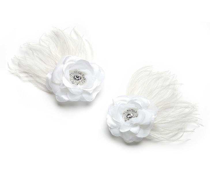 Image 1 of White Sheer Satin Rose Feather Crystal Accent Wedding Shoe Clips