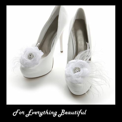 Image 2 of White Sheer Satin Rose Feather Crystal Accent Wedding Shoe Clips