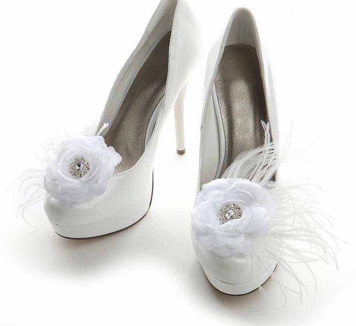 Image 3 of White Sheer Satin Rose Feather Crystal Accent Wedding Shoe Clips