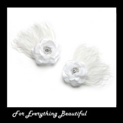 White Sheer Satin Rose Feather Crystal Accent Wedding Shoe Clips