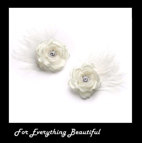Image 0 of Ivory Sheer Satin Rose Feather Crystal Accent Wedding Shoe Clips
