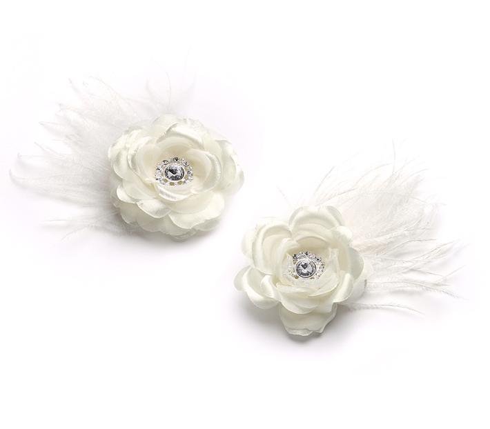 Image 1 of Ivory Sheer Satin Rose Feather Crystal Accent Wedding Shoe Clips