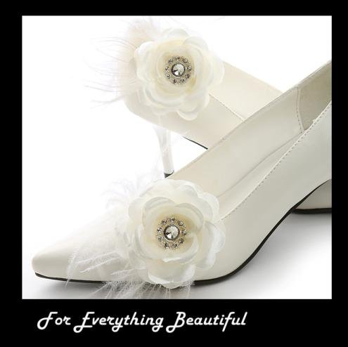 Image 2 of Ivory Sheer Satin Rose Feather Crystal Accent Wedding Shoe Clips