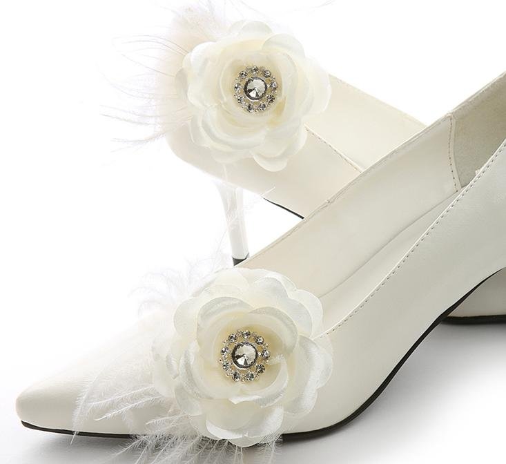 Image 3 of Ivory Sheer Satin Rose Feather Crystal Accent Wedding Shoe Clips